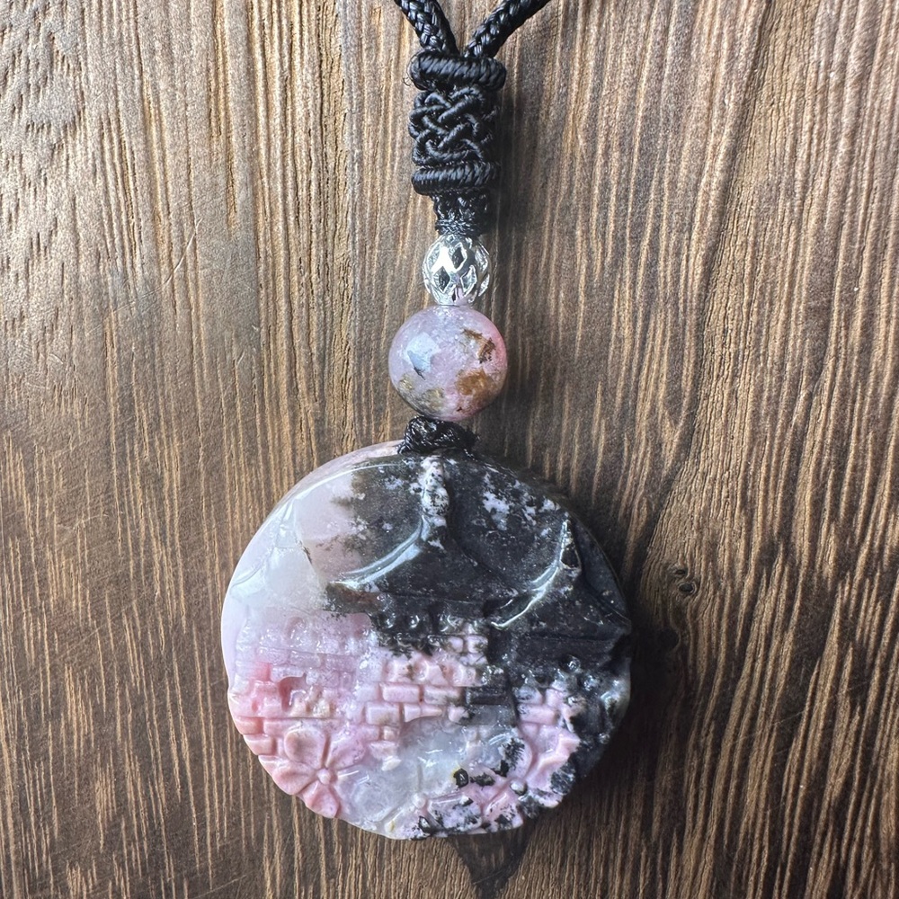 Icy Rhodonite Landscape and Flowers Pendant Necklace on Black Adjustable Rope - Picture 7 of 16